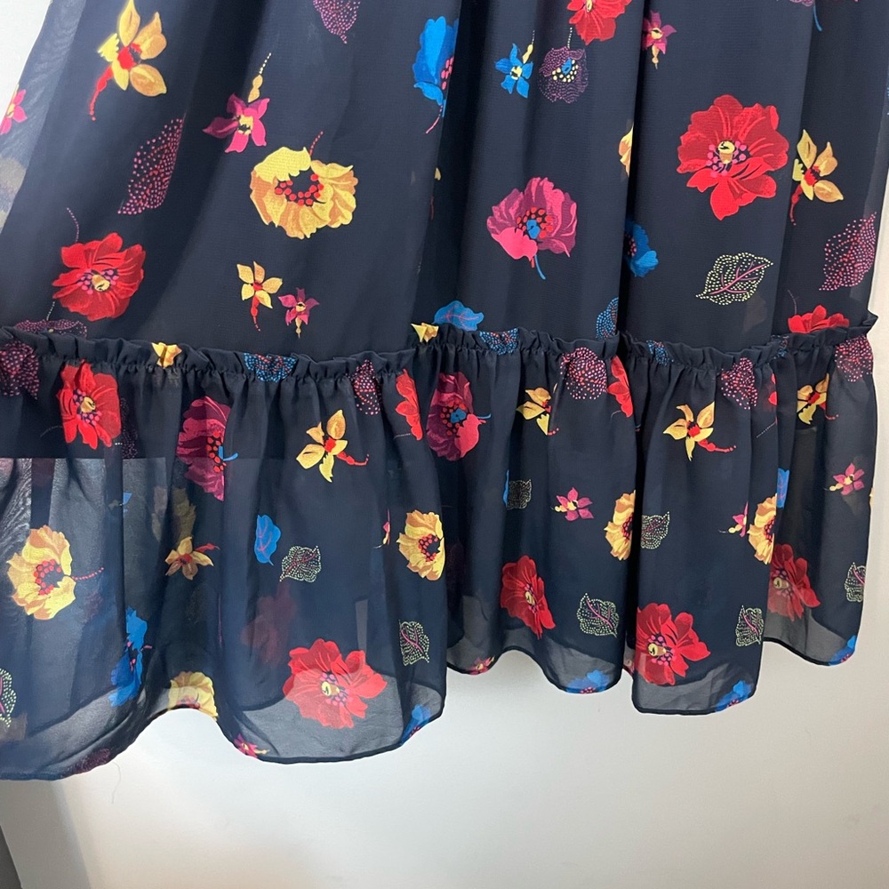 1901 Navy Floral Midi Dress Size 8 Medium Fun Spring Print Smocked Waist Ruffles - Picture 5 of 10